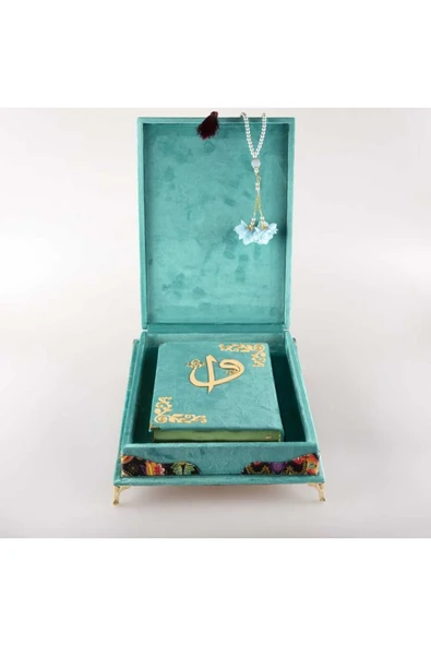 Tesbih Kuran Hediye Seti (ORTA BOY, KADİFE PLAKET SANDIKLI, TURKUAZ) - Resim 3