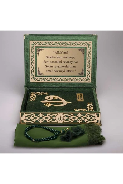 Şal + Tesbih + Kuran Hediye Seti (orta Boy, Yeşil, Gold Pleksi) - Resim 3