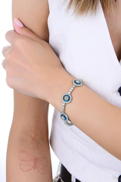 Gümüş rodyumlu zirkon taşlı üç  nazar boncuklu cam göz su yolu bileklik SGTL12945RODAJ - Resim 2