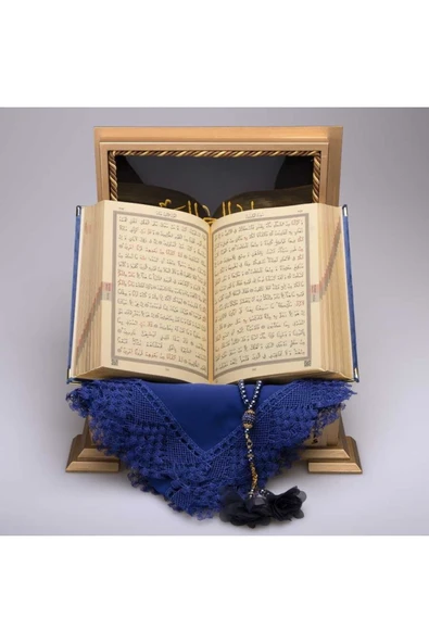 Şal Tesbih Kuran Hediye Seti (HAFIZ BOY, AHŞAP KUTULU, KADİFE, LACİVERT) - Resim 3