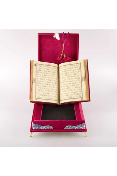 Tesbih Kuran Hediye Seti (ORTA BOY, KADİFE PLAKET SANDIKLI, FUŞYA PEMBE) - Resim 5