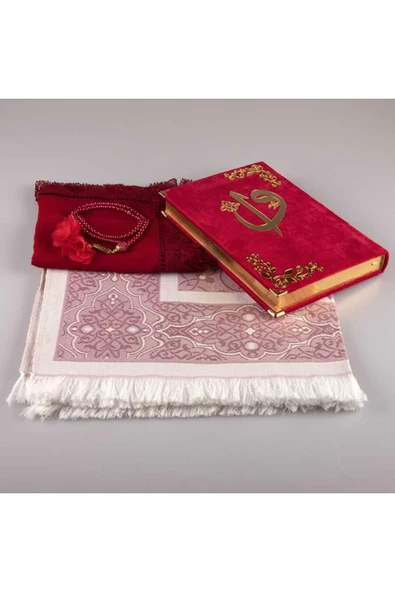 Şal Seccade Tesbih Kuran Hediye Seti (ORTA BOY, KADİFE, KIRMIZI) - Resim 2