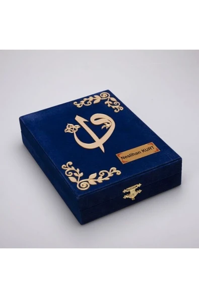 Kişiye Özel Hediye Mavi Orta Boy Plaketli Kuranı Kerim Tesbih Örtü Seti - Resim 3