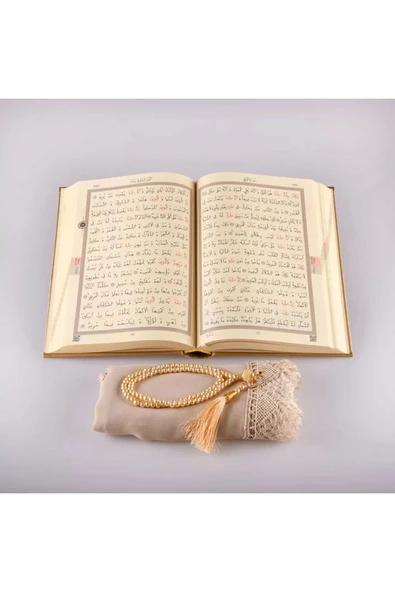 Şal + Tesbih + Kuran Hediye Seti (Orta Boy, Standart Cilt, Gold) - Resim 4