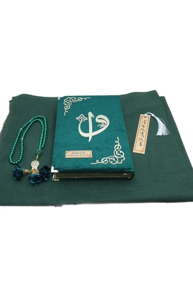 Hediye Kadife Kuranı Kerim Seti Namaz Örtüsü Tespih Ayraç Raşel Yeşil ürün görseli