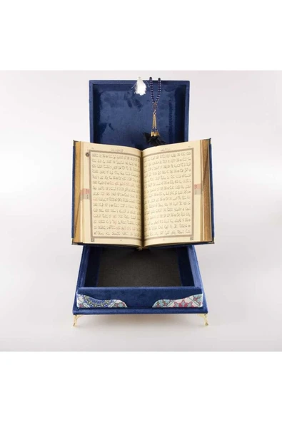 Tesbih Kuran Hediye Seti (ORTA BOY, KADİFE PLAKET SANDIKLI, LACİVERT) - Resim 5
