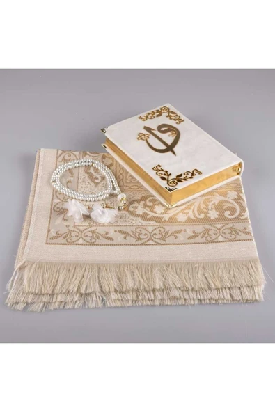 Seccade + Tesbih + Kuran Hediye Seti (hafız Boy, Kadife, Beyaz-1) - Resim 2