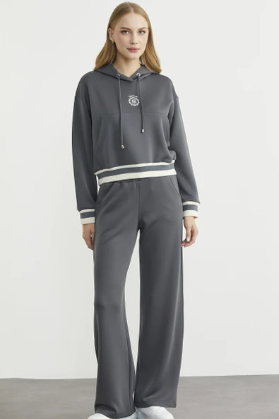 Kapüşonlu Rahat Kalıp Scuba Eşofman Takım - Antrasit - Resim 2