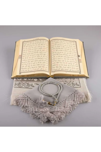 Şal + Seccade + Tesbih + Kuran Hediye Seti (orta Boy, Kadife, Gri) - Resim 3