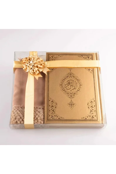 Şal + Tesbih + Kuran Hediye Seti (Orta Boy, Standart Cilt, Gold) - Resim 2