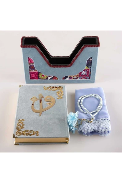 Şal Tesbih Kuran Hediye Seti (ORTA BOY, KADİFE V KUTULU, GÖK MAVİ) - Resim 3