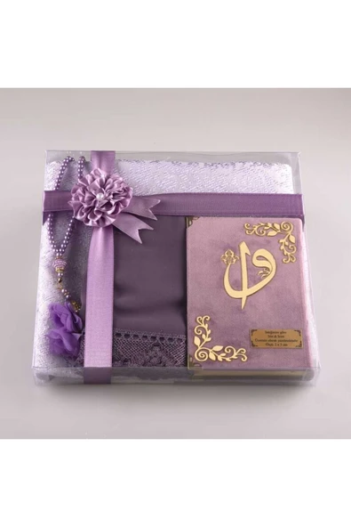 Şal + Seccade + Tesbih + Kuran Hediye Seti (çanta Boy, Kadife, Lila) ürün görseli