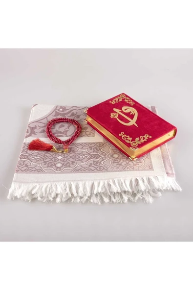 Seccade + Tesbih + Kuran Hediye Seti (hafız Boy, Kadife, Kırmızı) - Resim 2