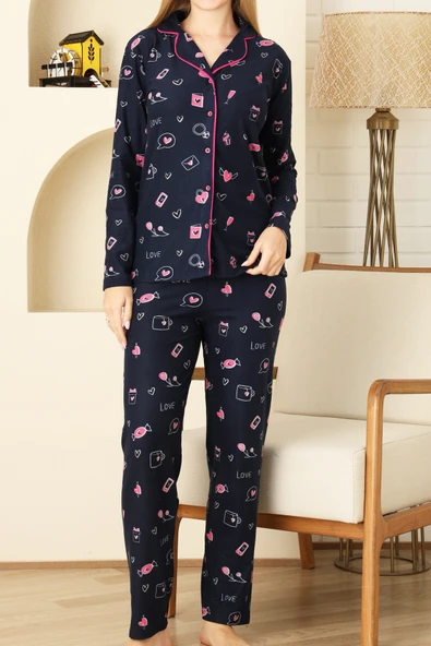 Kadın Pat Yakalı-Baskılı ve Düğme Kapamalı-%100 Pamuk Pijama Takımı 12353 - Resim 4