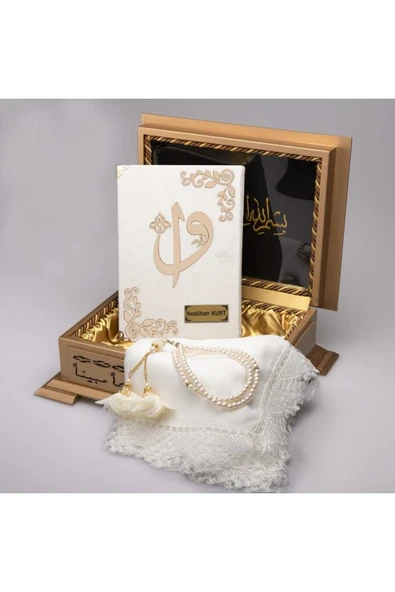 Şal Tesbih Kuran Hediye Seti (HAFIZ BOY, AHŞAP KUTULU, KADİFE, BEYAZ) ürün görseli