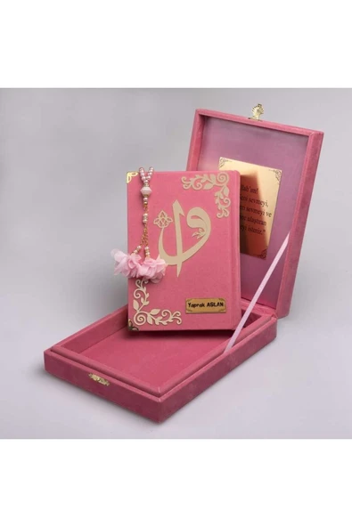 Tesbih + Kuran Hediye Seti (çanta Boy, Plaket Kutulu, Pudra Pembe) ürün görseli