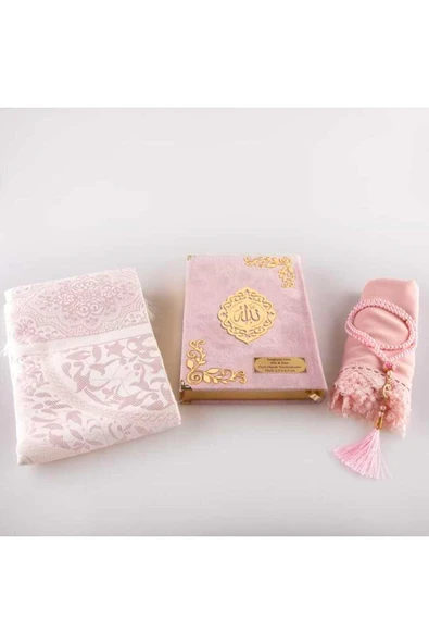 Şal Seccade Tesbih Kuran Hediye Set (HAFIZ BOY, KADİFE, PEMBE) - Resim 2
