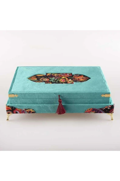 Şal Tesbih Kuran Hediye Seti (ORTA BOY, KADİFE SANDIKLI, TURKUAZ) - Resim 2