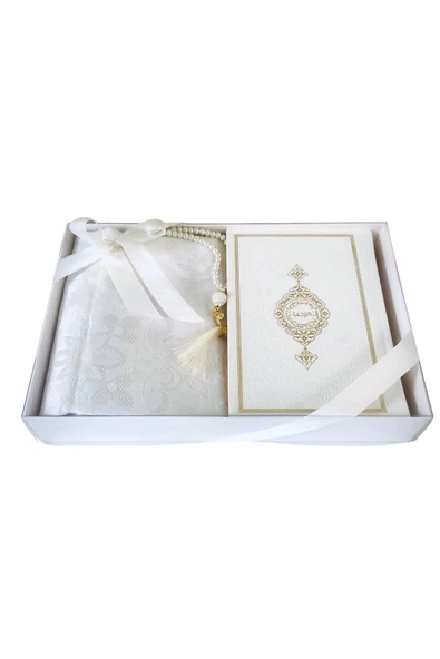 Hediye Kuran Seti - Termo Deri Kuranı Kerim + Seccade + Tespih (17x12) - Beyaz ürün görseli