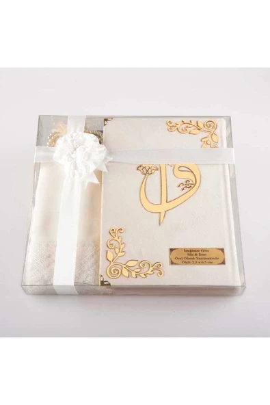 Şal + Tesbih + Kuran Hediye Seti (çanta Boy, Kadife, Beyaz) ürün görseli