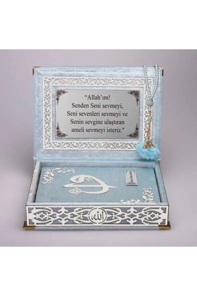 Tesbih Kuran Hediye Seti (ORTA BOY, ELİFVAV, GÜMÜŞ PLEKSİ, RAŞEL KUTU, BEBE MAVİ) - Resim 3