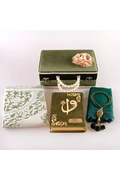 Boncuklu Kutu Çeyizlik, Şal + Seccade + Tesbih + Kuran Hediye Seti (Orta B. Kadife, Yeşil) ürün görseli