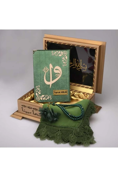 Şal + Tesbih + Kuran Hediye Seti (hafız Boy, Ahşap Kutulu, Zeytin Yeşili) ürün görseli