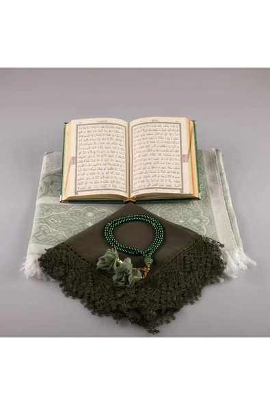 Şal + Seccade + Tesbih + Kuran Hediye Seti (çanta Boy, Kadife, Zeytin Yeşil) - Resim 3
