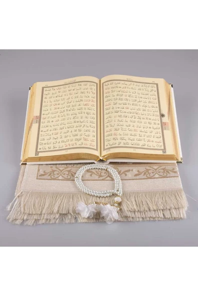 Seccade + Tesbih + Kuran Hediye Seti (orta Boy, Kadife, Beyaz-1) - Resim 3