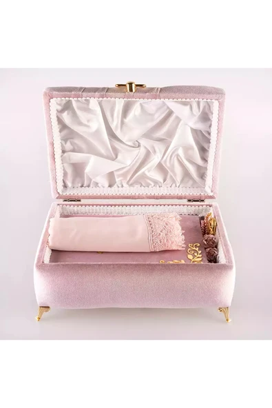 Çizgili Kutu Çeyizlik, Şal + Seccade + Tesbih + Kuran Hediye Seti (Orta B. Kadife, P.Pembe, ElifVav) - Resim 3