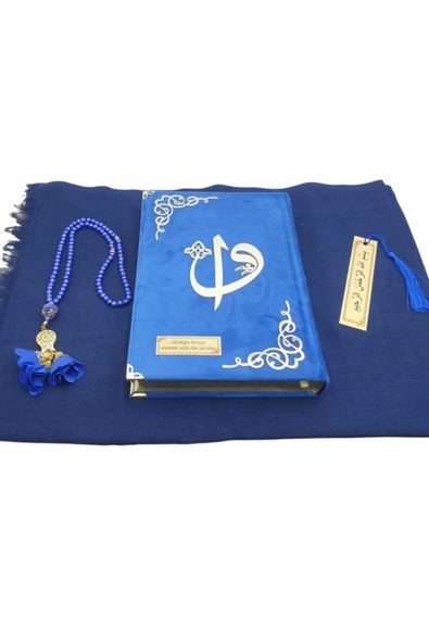 Hediye Kadife Kuranı Kerim Seti Namaz Örtüsü Tespih Ayraç Raşel Lacivert ürün görseli