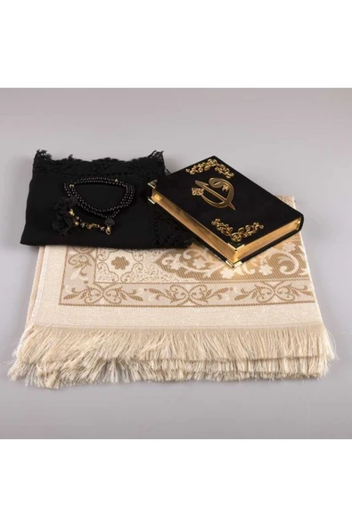 Şal Seccade Tesbih Kuran Hediye Set (ÇANTA B, KDF, SİYAH-1) - Resim 2