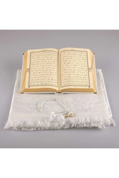 Seccade + Tesbih + Kuran Hediye Seti (hafız Boy, Kadife, Beyaz) - Resim 3