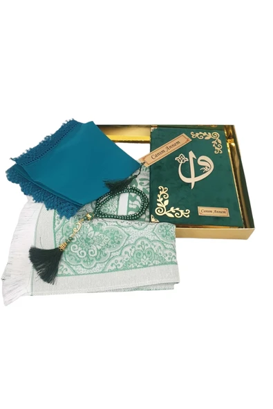 Yeşil Hediye Kuranı Kerim Seti Örtü Tespih Seccade Ayraç - Resim 2