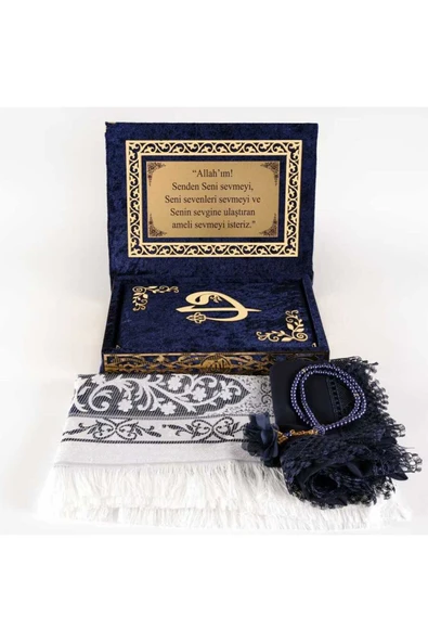 Raşel Kutulu, Şal + Seccade + Tesbih + Kuran Hediye Seti (Orta Boy, Lacivert, Elif-Vav) - Resim 2