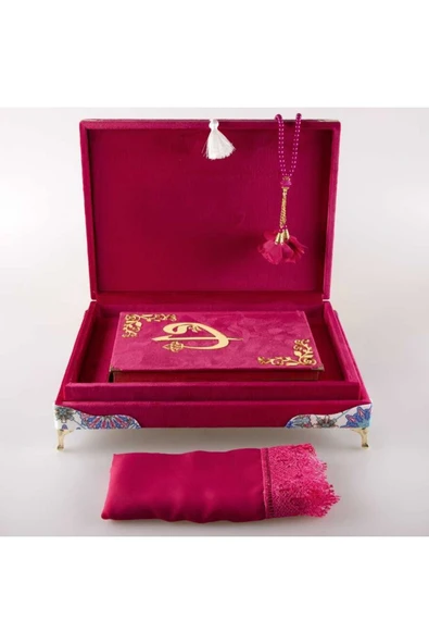 Şal Tesbih Kuran Hediye Seti (ORTA BOY, KADİFE SANDIKLI, FUŞYA PEMBE) - Resim 3