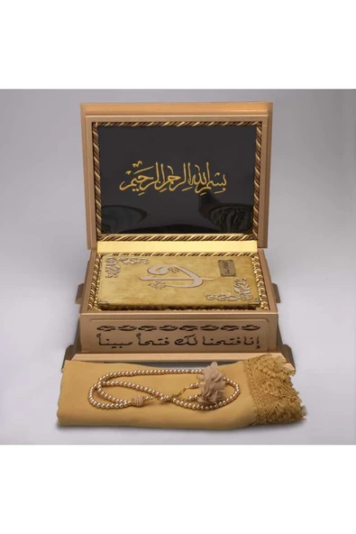 Şal Tesbih Kuran Hediye Seti (HAFIZ BOY, AHŞAP KUTULU, KADİFE, GOLD) - Resim 2