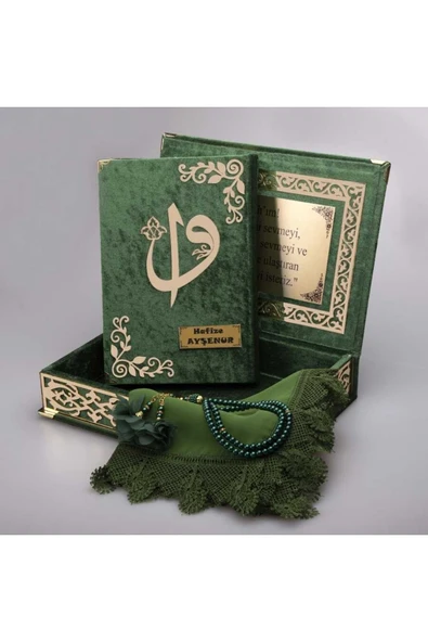 Şal + Tesbih + Kuran Hediye Seti (orta Boy, Yeşil, Gold Pleksi) ürün görseli