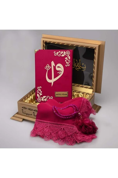 Şal Tesbih Kuran Hediye Seti (HAFIZ BOY, AHŞAP KUTULU, KADİFE, FUŞYA PEMBE) ürün görseli