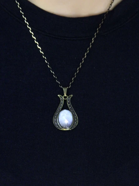 Doğal Taş Aytaşı Doğal Taşlı Lale Modelli Antik Kadın Kolye euk44ay - Resim 2