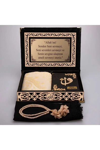 Raşel Kutulu, Şal + Seccade + Tesbih + Kuran Hediye Seti (Orta Boy, Siyah, Elif-Vav) - Resim 3