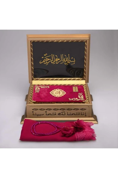 Şal + Tesbih + Kuran Hediye Seti (hafız Boy, Kadife, Fuşya Pembe) - Resim 2