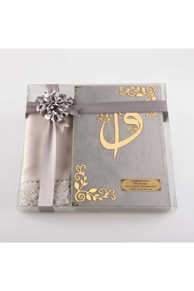 Şal + Tesbih + Kuran Hediye Seti (orta Boy, Kadife, Gri) ürün görseli