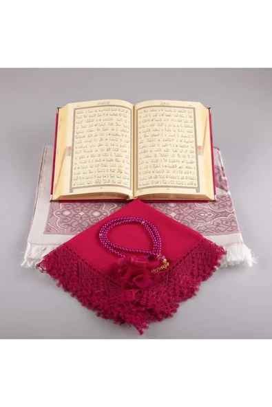 Şal Seccade Tesbih Kuran Hediye Seti (HAFIZ BOY, KADİFE, FUŞYA PEMBE) - Resim 3