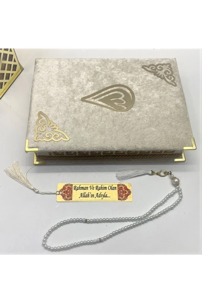 Isimli Özel Kadife Kutulu Kuranı Kerim Orta Boy Kutulu (BEYAZ)(16X24) Ayraç, Inci Tesbih Seti ürün görseli