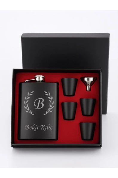 Matara Hediye Seti Özel Kutusunda Kişiye Özel Siyah Çelik Matara 4 Bardaklı ürün görseli 1
