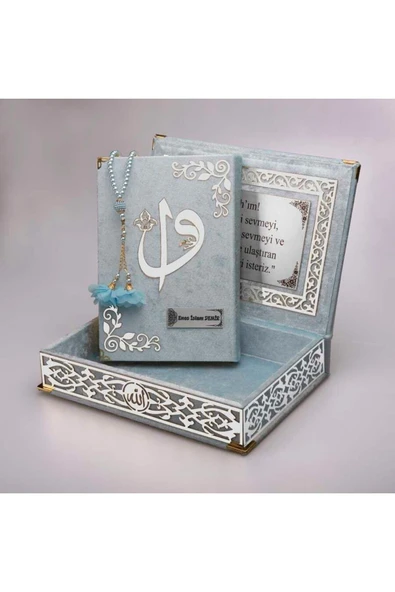Tesbih Kuran Hediye Seti (ORTA BOY, ELİFVAV, GÜMÜŞ PLEKSİ, RAŞEL KUTU, BEBE MAVİ) ürün görseli