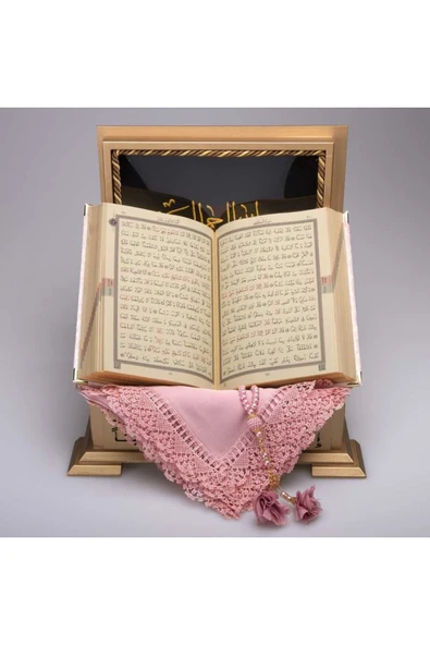 Şal + Tesbih + Kuran Hediye Seti (hafız Boy, Ahşap Kutulu, Bebe Pembe) - Resim 3