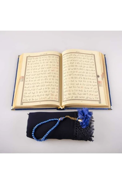 Şal + Tesbih + Kuran Hediye Seti (çanta Boy, Kadife, Lacivert) - Resim 3