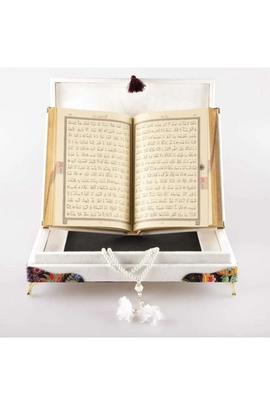 Tesbih Kuran Hediye Seti (ORTA BOY, KADİFE SANDIKLI, BEYAZ) - Resim 5